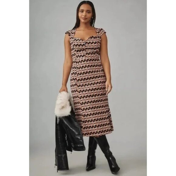 Anthropologie Dresses & Skirts - Anthropologie Cecily Fit & Flare Brown Multi Chevron Ruffle-Sleeve Midi Dress XL